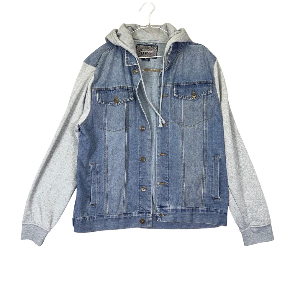 Brooklyn Cloth Mens Blue Denim Jacket Gray Jersey Hooded  Large Trucker Y2K
